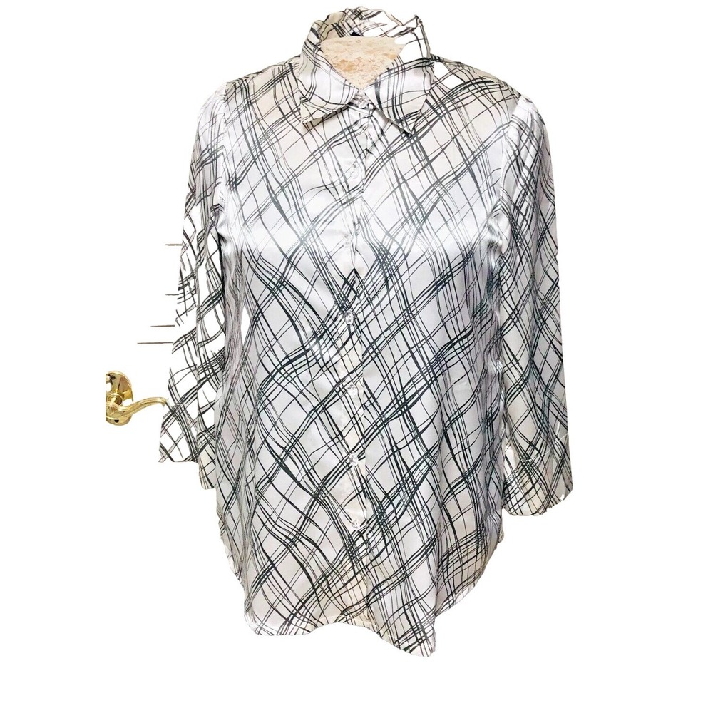 Susan Graver Brown Abstract Satiny Tunic Blouse Oversized Relax Shiny Womens S M